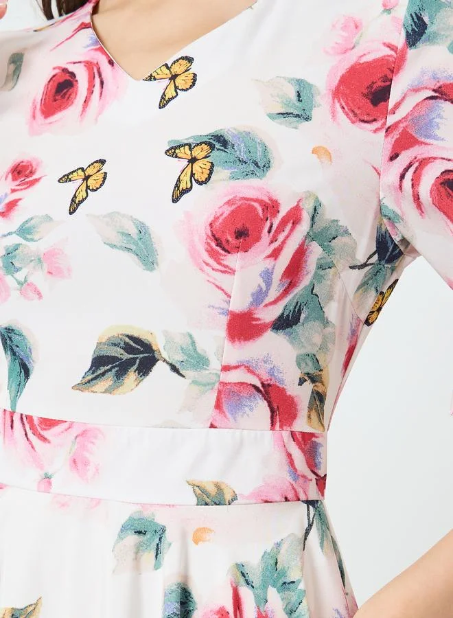 Take Two white with pink and red roses Women Floral Printed V-Neck Midi Dress for Women | Best Price UAE